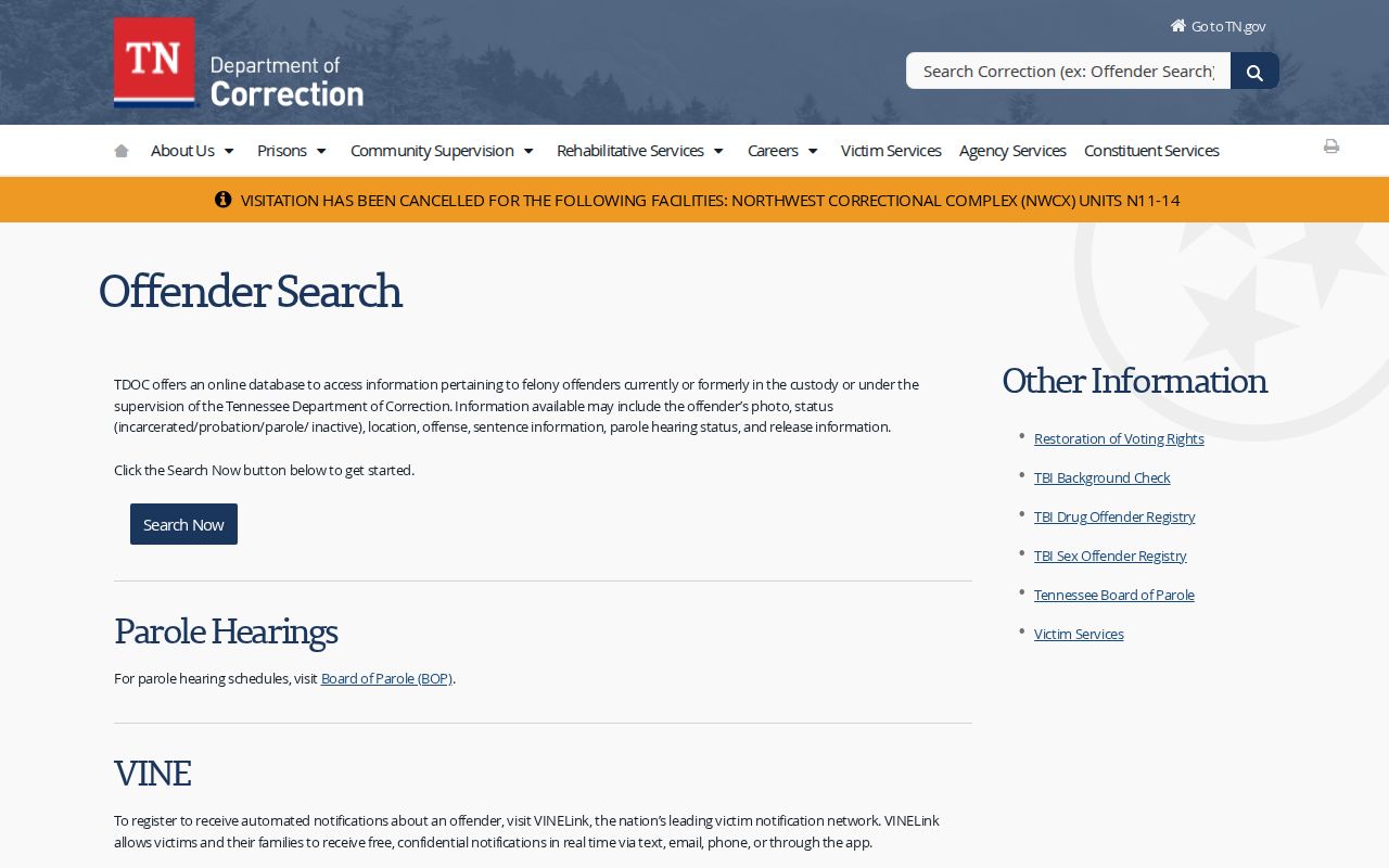 Tennessee DOC offender photo and record search information for Van Buren County cases