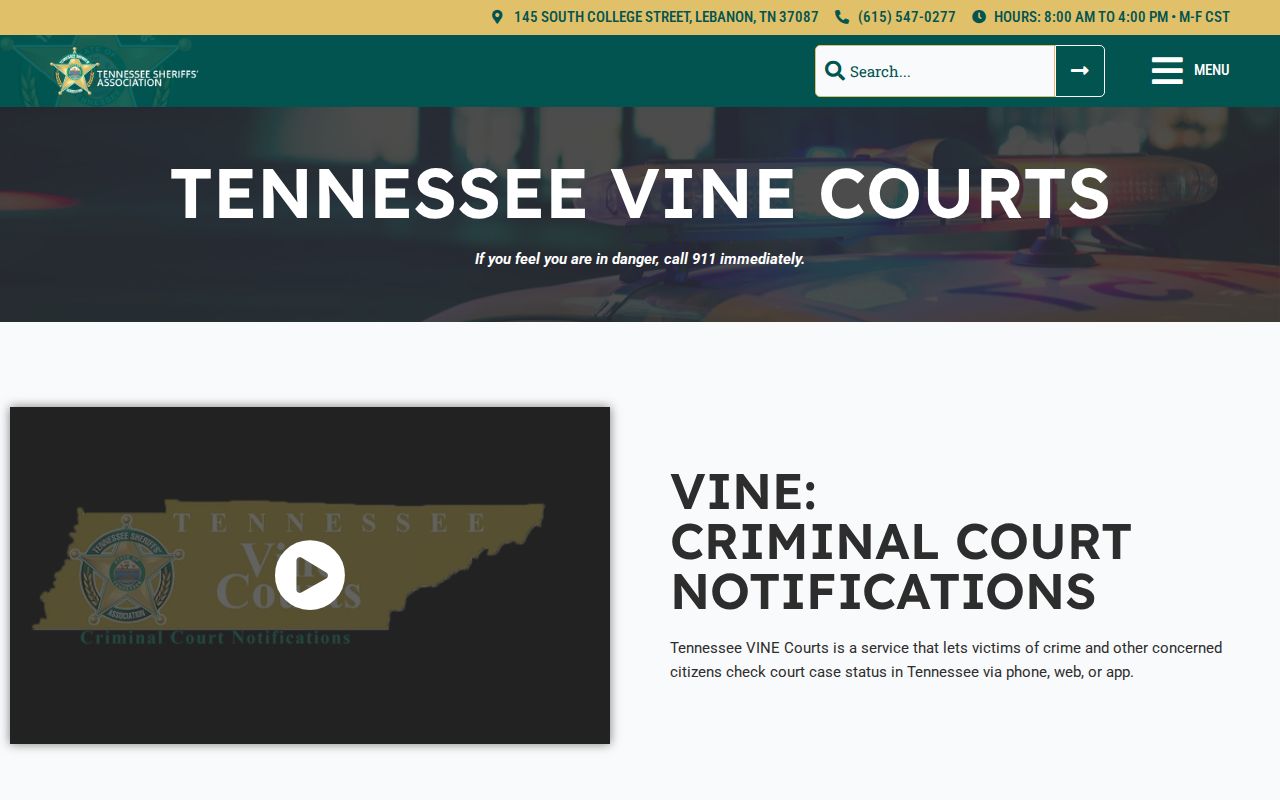 Tennessee VINE Courts notification information for Van Buren County cases